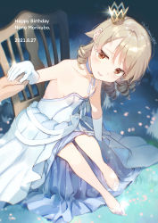 Rule 34 | 1boy, 1girl, absurdres, adjusting footwear, armpits, bare legs, blonde hair, breasts, character name, cherry blossoms, choker, crown, dated, dress, ear piercing, glass slipper, glint, gloves, grass, holding hands, happy birthday, highres, idol, idolmaster, idolmaster cinderella girls, looking at viewer, morikubo nono, off-shoulder dress, off shoulder, on chair, petals, piercing, pov, pov hands, ribbon choker, ringlets, shisui (5830217), sitting, small breasts, solo focus, transparent footwear, white dress, white gloves
