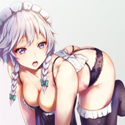 Rule 34 | 1girl, :o, all fours, ass, babydoll, bare shoulders, black bra, black panties, black thighhighs, bow, bra, braid, breasts, cleavage, collarbone, commentary request, eyelashes, frilled thighhighs, frills, garter belt, gradient background, green bow, groin, groin tendon, hair bow, hair ornament, hanging breasts, izayoi sakuya, lace, lingerie, long hair, maid, maid headdress, mayonaka taruho, medium breasts, open mouth, panties, pink lips, purple eyes, silver hair, solo, spaghetti strap, teeth, thighhighs, touhou, twin braids, underwear, underwear only, upper teeth only