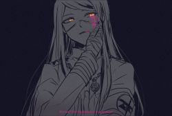 Rule 34 | 108 (toowa), 1boy, bandaged hand, bandages, black background, blood, blood on face, bloody tears, commentary request, danganronpa (series), danganronpa v3: killing harmony, hand on own cheek, hand on own face, hand up, highres, jacket, long hair, long sleeves, looking at viewer, mask, mouth mask, pink blood, shinguji korekiyo, simple background, sketch, spot color, twitter username, upper body, yellow eyes