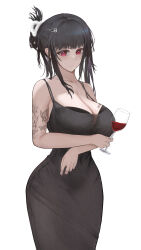Rule 34 | 1girl, absurdres, alc.3vol, alcohol, arm tattoo, arm under breasts, barcode, barcode tattoo, black bra, black dress, black hair, bra, breast tattoo, breasts, butterfly tattoo, covered navel, cup, curvy, d (killer wife) (nikke), d (nikke), dongtan dress, dress, drinking glass, folded ponytail, goddess of victory: nikke, hair ornament, hairclip, highres, holding, holding cup, large breasts, long hair, looking at viewer, meme attire, nail polish, narrow waist, pencil dress, red eyes, sidelocks, simple background, solo, tattoo, taut clothes, taut dress, underwear, white background, wide hips, wine, wine glass