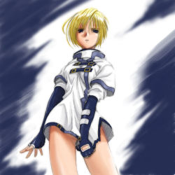 Rule 34 | 1girl, arc system works, blonde hair, bottomless, covering privates, covering crotch, elbow gloves, gloves, guilty gear, millia rage, no panties, shirt tug, short hair, solo, umekichi