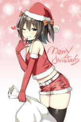 Rule 34 | 1girl, ;q, belt, black hair, blush, bow, christmas, closed mouth, commentary, crop top, elbow gloves, fur-trimmed gloves, fur-trimmed shorts, fur trim, gloves, hair between eyes, hair bow, hand to own mouth, hat, heart, highres, leaning forward, looking at viewer, merry christmas, midriff, navel, one eye closed, original, red gloves, red shorts, sack, santa costume, santa hat, short shorts, shorts, skindentation, sky-freedom, sky (sky-freedom), smile, solo, spaghetti strap, thighhighs, tongue, tongue out, two side up