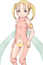Rule 34 | 1girl, armlet, bare shoulders, blonde hair, blue eyes, blush, bodysuit, cameltoe, chaps, e10, fairy, leotard, looking at viewer, navel, panties, rin no tsubasa, scrunchie, short hair, short twintails, simple background, smile, solo, standing, turtleneck, twintails, underwear, white background, yellow panties