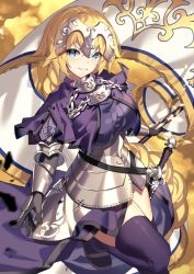 Rule 34 | 1girl, akae neo, armor, armored dress, black gloves, blonde hair, blue eyes, blush, braid, breasts, chain, commentary request, dress, fate/grand order, fate (series), flag, gloves, grin, headpiece, highres, holding, holding flag, jeanne d&#039;arc (fate), jeanne d&#039;arc (ruler) (fate), long hair, looking at viewer, medium breasts, purple dress, purple thighhighs, smile, solo, standing, standing on one leg, sword, thighhighs, v-shaped eyebrows, very long hair, weapon