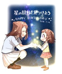 Rule 34 | 2girls, :d, ^ ^, age comparison, aged down, bang dream!, black socks, blue shirt, brown footwear, brown hair, child, closed eyes, cone hair bun, cupping hands, dated, dual persona, gana (mknumi), hair bun, hanasakigawa school uniform, happy birthday, highres, kneehighs, loafers, looking at another, medium hair, multiple girls, night, night sky, one side up, open mouth, own hands together, pink skirt, purple eyes, school uniform, serafuku, shirt, shoes, short sleeves, skirt, sky, smile, socks, squatting, standing, star (sky), star (symbol), starry sky, time paradox, toyama kasumi, vest, white legwear, white skirt
