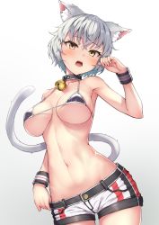 Rule 34 | 1girl, animal ear fluff, animal ears, armpits, bell, bikini, bikini top only, blush, breasts, breasts apart, cat ears, cat girl, cat tail, covered erect nipples, grey hair, hair between eyes, hand under clothes, hand under shorts, hand up, jingle bell, looking at viewer, medium breasts, micro bikini, navel, neck bell, open mouth, original, ryuinu, short hair, short shorts, shorts, sideboob, solo, swimsuit, tail, underboob, wristband, yellow eyes