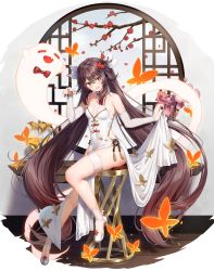 Rule 34 | 1girl, absurdres, alternate costume, bare shoulders, boo tao (genshin impact), branch, breasts, bridal gauntlets, brown hair, bug, butterfly, china dress, chinese clothes, commentary request, detached sleeves, dress, elbow gloves, flower, flower-shaped pupils, full body, genshin impact, ghost, gloves, hair flower, hair ornament, high heels, highres, holding, hu tao (genshin impact), insect, kuria (clear trip second), legs, long hair, long sleeves, on stool, open mouth, pelvic curtain, plum blossoms, see-through, sidelocks, sitting, sleeveless, sleeveless dress, small breasts, solo, stool, symbol-shaped pupils, tassel, thigh strap, thighs, twintails, very long hair, white background, white dress, white footwear, white gloves, white sleeves