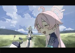 Rule 34 | 2girls, absurdres, ahoge, bicycle, bike jersey, bike shorts, blue archive, blue sky, closed eyes, cloud, cloudy sky, commentary request, field, from behind, grey hair, halo, highres, hoshino (blue archive), letterboxed, long hair, looking back, mountain, multiple girls, nainainainainaiya, official alternate costume, open mouth, outdoors, pink hair, pink halo, road, shiroko (blue archive), shiroko (cycling) (blue archive), sky, smile