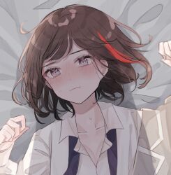 Rule 34 | 1girl, bang dream!, bed sheet, black necktie, blazer, blush, breasts, brown hair, closed mouth, collarbone, collared shirt, commentary request, from above, grey background, grey jacket, hair spread out, highres, implied yuri, jacket, lapels, light frown, looking ahead, lying, mitake ran, multicolored hair, necktie, notched lapels, on back, on bed, open collar, purple eyes, red hair, school uniform, shadow, shain, shirt, short hair, small breasts, solo focus, sweat, swept bangs, two-tone hair, undone necktie, white shirt, white trim