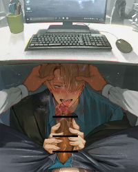 Rule 34 | 2boys, bar censor, blonde hair, blue eyes, blush, censored, clothing aside, computer, cum on penis, erection, feet out of frame, fellatio, hair over one eye, hand on another&#039;s head, keyboard (computer), large penis, licking, licking penis, looking at viewer, male focus, male underwear, male underwear aside, male underwear peek, mouse (computer), multiple boys, nose blush, one piece, open pants, oral, pants, penis, pov, pov crotch, public indecency, roronoa zoro, runa (nori31291404), salaryman, saliva, sanji (one piece), short hair, solo focus, spread legs, sweatdrop, tongue, tongue out, twitching, under table, underwear, veins, veiny penis, yaoi