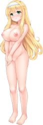 Rule 34 | 1girl, barefoot, blonde hair, blush, breasts, censored, collarbone, completely nude, full body, green eyes, hairband, highres, large breasts, long hair, loretta magnamia, mosaic censoring, nipples, non-web source, nude, official art, own hands together, paizuri fiancee, pussy, smile, solo, transparent background, uni8, v arms