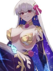 Rule 34 | 1girl, bomberca309, breasts, earrings, fate/grand order, fate (series), grey hair, hair ribbon, jewelry, kama (fate), kama (third ascension) (fate), large breasts, long hair, red eyes, ribbon, sitting, smirk, starry hair, white background
