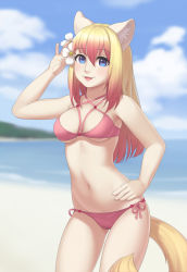 Rule 34 | 1girl, :3, animal ears, beach, bikini, blonde hair, borrowed character, breasts, commission, contrapposto, criss-cross halter, cristalavi, day, dog ears, dog tail, flower, furry, furry female, gradient hair, hair between eyes, hair flower, hair ornament, halterneck, highres, long hair, looking at viewer, medium breasts, multicolored hair, navel, ocean, open mouth, orange hair, original, outdoors, pink bikini, red hair, side-tie bikini bottom, sky, smile, solo, standing, swimsuit, tail