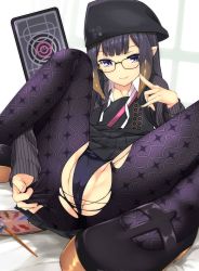 Rule 34 | 1girl, absurdres, blunt bangs, cameltoe, cleft of venus, fang, glasses, gradient hair, highres, hololive, hololive english, mole, mole under eye, multicolored hair, ninomae ina&#039;nis, ninomae ina&#039;nis (casual), panties, pantyhose, pointy ears, torn clothes, torn legwear, tries, underwear, virtual youtuber
