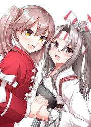 Rule 34 | 2girls, :d, bad id, bad twitter id, brown eyes, brown hair, commentary request, fang, flat chest, grey hair, hachimaki, hair between eyes, headband, high ponytail, highres, holding hands, interlocked fingers, japanese clothes, kantai collection, kariginu, kirigakure (kirigakure tantei jimusho), long hair, looking at viewer, multiple girls, muneate, no headwear, open mouth, ryuujou (kancolle), simple background, skin fang, smile, textless version, twintails, upper body, white background, wide sleeves, yellow eyes, zuihou (kancolle)
