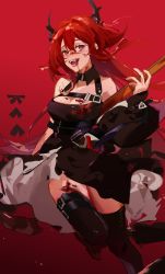 Rule 34 | 1girl, 9degree, absurdres, arknights, bare shoulders, blood, blood on face, blood stain, coat, demon girl, demon horns, dress, highres, holding, holding weapon, horns, long hair, purple eyes, red hair, sharp teeth, solo, surtr (arknights), teeth, weapon