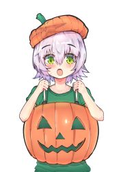 Rule 34 | 1girl, blush, collarbone, commentary request, fate/grand order, fate (series), green eyes, green shirt, greypidjun, hair between eyes, hat, highres, jack-o&#039;-lantern, jack the ripper (fate/apocrypha), looking at viewer, orange hat, pumpkin, scar, scar across eye, scar on face, shirt, short hair, short sleeves, silver hair, simple background, solo, upper body, white background