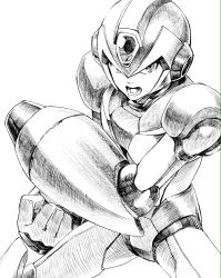 Rule 34 | 1boy, android, arm cannon, armor, clenched hand, cowboy shot, fujino yuuki, greyscale, helmet, male focus, mega man (series), mega man x (series), monochrome, open mouth, power armor, serious, simple background, solo, teeth, weapon, white background, x (mega man)
