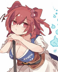 Rule 34 | 1girl, breasts, cleavage, closed mouth, coin, commentary, hair bobbles, hair ornament, highres, large breasts, leaning forward, looking at viewer, minoru minoru, obi, onozuka komachi, red eyes, red hair, sash, short sleeves, signature, simple background, solo, squiggle, sweatdrop, symbol-only commentary, touhou, two side up, white background