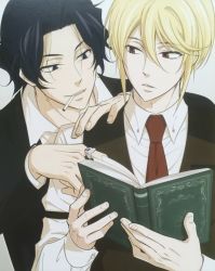 Rule 34 | 2boys, black hair, blonde hair, book, cigarette, formal, hair between eyes, hand on another&#039;s shoulder, highres, jewelry, looking at another, male focus, multiple boys, necktie, reading, ring, sherlock holmes (yuukoku no moriarty), simple background, smoking, suit, vest, william james moriarty, yuukoku no moriarty