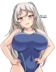 Rule 34 | 1girl, blue one-piece swimsuit, breasts, brown eyes, competition swimsuit, conte di cavour (kancolle), covered navel, dated, grey hair, hands on own hips, highleg, highleg swimsuit, highres, impossible clothes, impossible swimsuit, kantai collection, large breasts, long hair, montemasa, one-piece swimsuit, open mouth, simple background, smile, solo, swimsuit, twitter username, two-tone swimsuit, two side up, white background