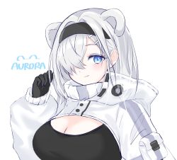 Rule 34 | 1girl, animal ears, arknights, aurora (arknights), aurora (elite ii) (arknights), bear ears, black gloves, black hairband, black shirt, blue eyes, breasts, character name, cleavage, commentary request, gloves, hair over one eye, hairband, hand up, highres, lalihop, large breasts, long hair, looking at viewer, shirt, shrug (clothing), simple background, smile, solo, upper body, white background, white hair