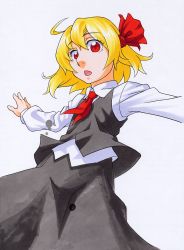 Rule 34 | 1girl, ahoge, ascot, blonde hair, bow, female focus, hair bow, kawachi koorogi, long sleeves, open mouth, outstretched arms, red eyes, rumia, short hair, simple background, solo, spread arms, touhou, traditional media, vest