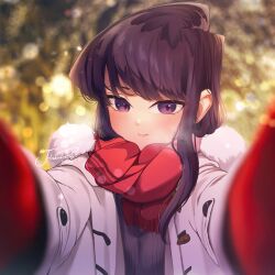 Rule 34 | 1girl, absurdres, artist name, black hair, blurry, blurry background, blush, closed mouth, coat, depth of field, fur trim, gloves, highres, j humbo, komi-san wa komyushou desu, komi shouko, light particles, looking at viewer, open clothes, open coat, pov, purple eyes, red gloves, red scarf, scarf, smile, sweater, winter clothes, winter coat