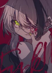 Rule 34 | 1boy, black hair, blood, blood on face, chariki, chariki (vtuber), glasses, highres, indie virtual youtuber, long sleeves, looking at viewer, male focus, multicolored hair, nail polish, red background, sketch, solo, virtual youtuber, white hair, yellow eyes