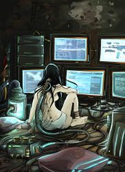 Rule 34 | 1girl, ankle wrap, ass, backbone, barefoot, black hair, breasts, cable, computer, cyberpunk, cyborg, dirty, from behind, highres, long hair, messy hair, monitor, original, panties, rodethos, sitting, soles, solo, topless, underwear