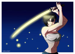 Rule 34 | abs, artist name, asymmetrical hair, bare shoulders, black hair, braid, breasts, energy sword, eye reflection, f (star wars), facial scar, fighting stance, fireflies, focused, glowing, glowing weapon, hakama, holding, holding sword, holding weapon, japanese clothes, katana, lightsaber, looking at viewer, markulangot, medium breasts, midriff, muscular, muscular female, particles, reflection, sarashi, scar, scar on cheek, scar on face, short hair, simple background, star wars, star wars: visions, sword, weapon