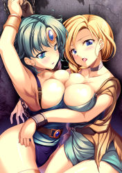 Rule 34 | 2girls, arms up, bdsm, bianca (dq5), blonde hair, blue eyes, blush, bondage, bound, braid, breast press, breasts, bursting breasts, chain, choker, chunsoft, circlet, cleavage, crossover, cuffs, dragon quest, dragon quest iv, dragon quest v, enix, green hair, heroine (dq4), iga (nonono tsuushin), large breasts, looking at viewer, multiple girls, open mouth, shackles, short hair, single braid, square enix, symmetrical docking, thighs, tongue, tongue out