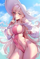Rule 34 | 1girl, artist name, azur lane, bare shoulders, blonde hair, blue sky, blush, breasts, closed mouth, cloud, commentary, covered navel, cowboy shot, dated, day, finger to cheek, frills, groin, hair between eyes, hat, highleg, highres, hip focus, index finger raised, large breasts, lens flare, lips, long hair, long sleeves, looking at viewer, off shoulder, one-piece swimsuit, outdoors, pink eyes, richelieu (azur lane), richelieu (fleuron of the waves) (azur lane), sideboob, sidelocks, sky, solo, sparkle, standing, sun hat, swimsuit, tacco (tikeworld), thighs, untied, wet