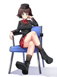 Rule 34 | 1girl, absurdres, ankle boots, black footwear, black hat, black jacket, black socks, blue eyes, boots, brown eyes, brown hair, chair, closed mouth, commentary, commission, crossed legs, dress shirt, elbow rest, english commentary, extra, garrison cap, girls und panzer, hand on own face, hat, highres, insignia, jacket, kuromorimine military uniform, legs, long sleeves, looking at viewer, mauko (girls und panzer), military, military hat, military uniform, miniskirt, on chair, pleated skirt, red shirt, red skirt, shadow, shirt, short hair, simple background, sitting, skirt, smile, smirk, socks, solo, uniform, white background, wing collar, zeroyama