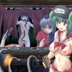 Rule 34 | 3girls, black hair, breasts, clothed female nude female, controller, creature inside, curtain grab, curtains, eating, eel, fish, flat chest, food stand, functionally nude, gauge, glowing, green hair, grill, groin, hat, highres, houraisan kaguya, ibuki suika, interspecies, kawashiro nitori, lamprey, large breasts, long hair, mechanical arms, multiple girls, naked ribbon, navel, night, nipples, noren, nude, open mouth, oven, pussy, remote control, ribbon, silver hair, single mechanical arm, small breasts, smile, standing, text focus, touhou, translation request, twintails, two side up, uncensored, wancozow, yagokoro eirin, yatai