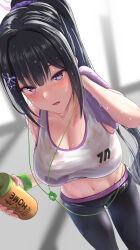 Rule 34 | 1girl, bare shoulders, black hair, black pants, blue archive, blush, bottle, breasts, choker, cleavage, collarbone, earphones, flower, hair flower, hair ornament, hair scrunchie, halo, high ponytail, highres, large breasts, long hair, looking at viewer, navel, open mouth, pants, purple eyes, scrunchie, sidelocks, silver bullet (ecc12 8), solo, sports bra, sumire (blue archive), sweat, thighs, tight clothes, tight pants, towel, very long hair, white sports bra, yoga pants