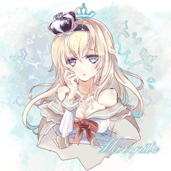 Rule 34 | 10s, 1girl, blonde hair, blue eyes, braid, character name, crown, dress, french braid, jewelry, kantai collection, long hair, meguri uguisu, mini crown, necklace, off shoulder, solo, upper body, warspite (kancolle)