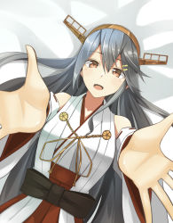 Rule 34 | 1girl, :d, bare shoulders, black hair, breasts, brown eyes, close-up, commentary request, detached sleeves, from above, grey hair, hair between eyes, hair ornament, hairband, hairclip, haruna (kancolle), headgear, highres, kantai collection, large breasts, long hair, looking at viewer, looking up, negahami, nontraditional miko, open mouth, outstretched arms, reaching, revision, smile, solo