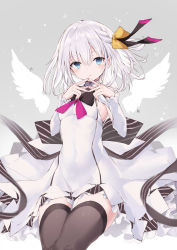 Rule 34 | 1girl, angel wings, black thighhighs, blue eyes, bow, breasts, commentary request, detached wings, dress, grey background, hair bow, hair ribbon, long sleeves, looking at viewer, nanananana, orange bow, original, pink ribbon, ribbon, short hair, simple background, sitting, small breasts, solo, thighhighs, white dress, white hair, wings