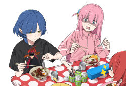 Rule 34 | 4girls, :d, :|, ^ ^, absurdres, afterimage, ahoge, black shirt, blonde hair, blue hair, bocchi the rock!, bowl, character print, character request, chopsticks, closed eyes, closed mouth, commentary, cube hair ornament, cup, detached ahoge, egg, english commentary, food, gotoh hitori, hair ornament, highres, holding, holding spoon, ijichi nijika, kita ikuyo, looking at another, looking down, messy hair, multiple girls, one side up, open mouth, pink hair, red hair, shaded face, shirt, simple background, sitting, smile, soup, spoon, surprised, sweat, t-shirt, table, thai text, upper body, white background, yakimi 27, yamada ryo