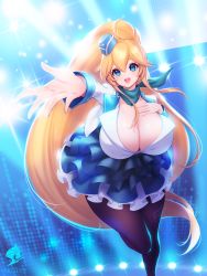 Rule 34 | 1girl, black pantyhose, blonde hair, blue eyes, blue skirt, blush, breasts, cleavage, cropped jacket, foreshortening, garrison cap, hair between eyes, harpyia (last origin), hat, highres, huge breasts, idol, idol clothes, last origin, long hair, looking at viewer, md5 mismatch, open mouth, outstretched arm, pantyhose, ponytail, scarf, skirt, smile, solo, toriseru (rare stone), very long hair
