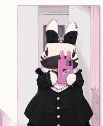 Rule 34 | animal, animal focus, bandaid, bandaid on object, black bow, black dress, black mask, blue eyes, bow, brown eyes, buttons, cellphone, clothed animal, commentary, covered mouth, cowboy shot, dress, earclip, earrings, frilled shirt collar, frilled sleeves, frills, glint, hair bow, hair ornament, hands up, heart, heart earrings, heart stickers, heterochromia, holding, holding phone, indoors, jewelry, lilac (p-f easy), long sleeves, looking at mirror, looking at viewer, mask, mirror, mouth mask, no humans, original, phone, phone with ears, selfie, skull hair ornament, smartphone, smartphone case, solo, standing, sticker on face, straight-on, stuffed toy, symbol-only commentary, white rabbit (animal)
