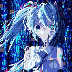 Rule 34 | 1girl, :o, abstract background, aqua eyes, aqua hair, breasts, chromatic aberration, commentary, crack, crying, detached sleeves, glitch, hair between eyes, hatsune miku, highres, long hair, looking at viewer, loose wires, medium breasts, necktie, open mouth, pixelated, shirt, solo, standing, static, twintails, upper body, very long hair, vocaloid, wire, yami kawaii, zer0h