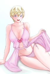 Rule 34 | 1girl, belly, blonde hair, blue eyes, breasts, cleavage, collarbone, dress, earrings, eyebrows hidden by hair, gown, groin, highres, izumo tenka, jewelry, large breasts, lingerie, looking at viewer, mato seihei no slave, midriff, midriff peek, navel, open mouth, panties, pink panties, short hair, simple background, sitting, smile, solo, tongue, underwear, user ahsk7384, white background
