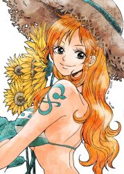 Rule 34 | 1girl, arm tattoo, back, bikini, bikini top only, commentary request, dated, flower, grey background, hanakotoba28, hat, highres, long hair, looking at viewer, nami (one piece), one piece, orange hair, profile, sidelocks, simple background, smile, solo, sunflower, swimsuit, tattoo, upper body, white background
