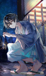 Rule 34 | 1boy, absurdres, black eyes, black hair, closed mouth, clothing request, expressionless, fireworks, highres, looking at viewer, male focus, night, night sky, original, robe, sandals, short hair, sky, solo, sparkler, star (sky), starry sky, u-sama (u summer0719)