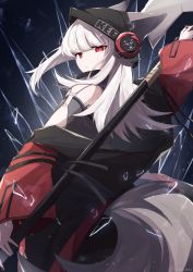 Rule 34 | 1girl, absurdres, animal ears, arknights, bare shoulders, beanie, black background, black hat, black shirt, cow, ears through headwear, fox ears, fox girl, fox tail, frostleaf (arknights), glass shards, grey hair, hat, headphones, highres, holding, holding polearm, holding weapon, izuse reki, jacket, looking at viewer, polearm, red eyes, red jacket, shirt, simple background, solo, tail, weapon