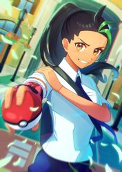 Rule 34 | 1girl, absurdres, black hair, blue necktie, blue shorts, blurry, brown eyes, collared shirt, commentary request, creatures (company), dark-skinned female, dark skin, fingerless gloves, freckles, game freak, gloves, green hair, hand on own arm, highres, holding, holding poke ball, looking at viewer, multicolored hair, natupath summer, necktie, nemona (pokemon), nintendo, pink gloves, poke ball, poke ball (basic), pokemon, pokemon sv, ponytail, shirt, shorts, single glove, smile, solo, streaked hair, two-tone hair, white shirt
