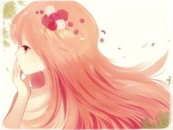 Rule 34 | 1girl, arm up, ayu (mog), bad id, bad pixiv id, blonde hair, flower, hair flower, hair ornament, hand on own face, long hair, nude, original, petals, red eyes, solo, wind