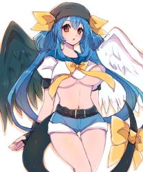 Rule 34 | 1girl, :o, angel wings, asymmetrical wings, belt, black gloves, blue hair, blue sailor collar, blush, breasts, chemaru (a8l), collared shirt, convenient censoring, covered navel, crop top, dizzy (guilty gear), fingerless gloves, gloves, guilty gear, guilty gear xx, hair between eyes, hair rings, hat, highres, large breasts, looking at viewer, midriff, monster girl, open mouth, red eyes, ribbon, sailor collar, sailor shirt, shirt, short shorts, short sleeves, shorts, sidelocks, simple background, solo, tail, tail ornament, tail ribbon, thigh gap, thighs, twintails, underboob, white background, wings, yellow ribbon